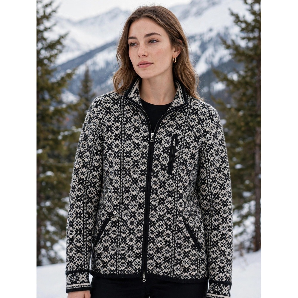Bogner 100% Virgin Wool Full Zip Nordic Fair Isle Sweater Jacket Black White ML